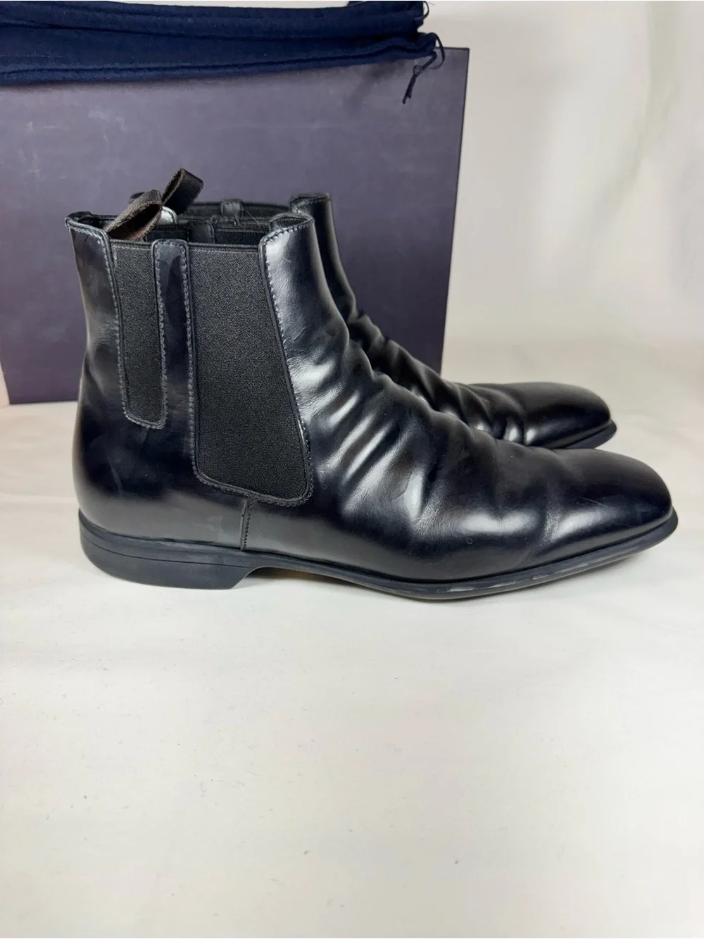 Prada Men’s Black Spazzolato Lather Square Toe Chelsea Boots 9 Italy Winter